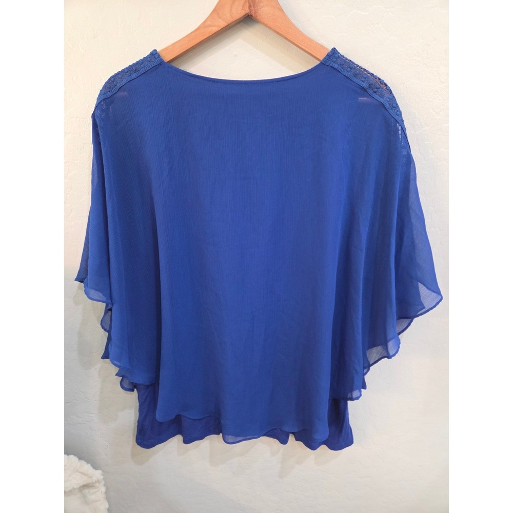 Apt. 9 Royal Blue Chiffon Cape Sleeve Blouse Crochet Lace Trim XXL - Picture 4 of 4